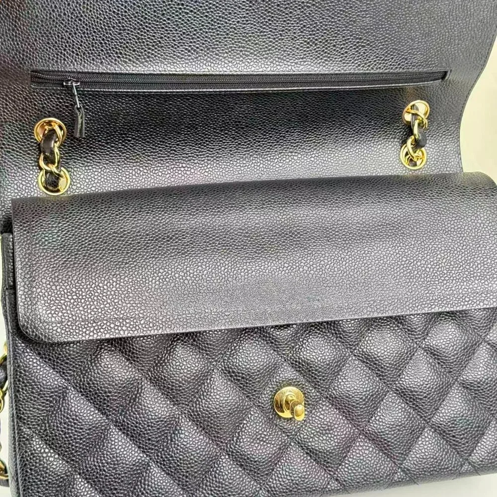 Chanel Black Caviar Jumbo Classic Flap Shoulder Bag with Gold Chain Strap - Picture 8 of 9